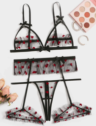 3 piezas Set de lencería con patrón de corazón de malla, arnés con liga, sujetador y tanga